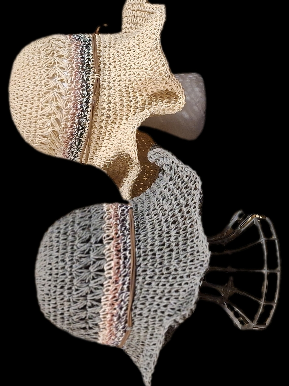 Women’s Crochet Sun Hats with Decorative Band - Beige & Gray